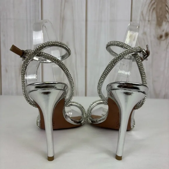 BCBGMaxazria Leather Heels Rhinestone Strappy Stiletto Elegant Pumps Silver Sz 9 - Picture 13 of 16